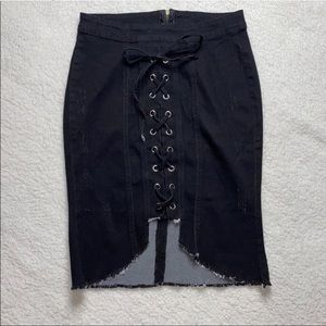 Black Raw Hem Lace Up Distressed Denim Skirt